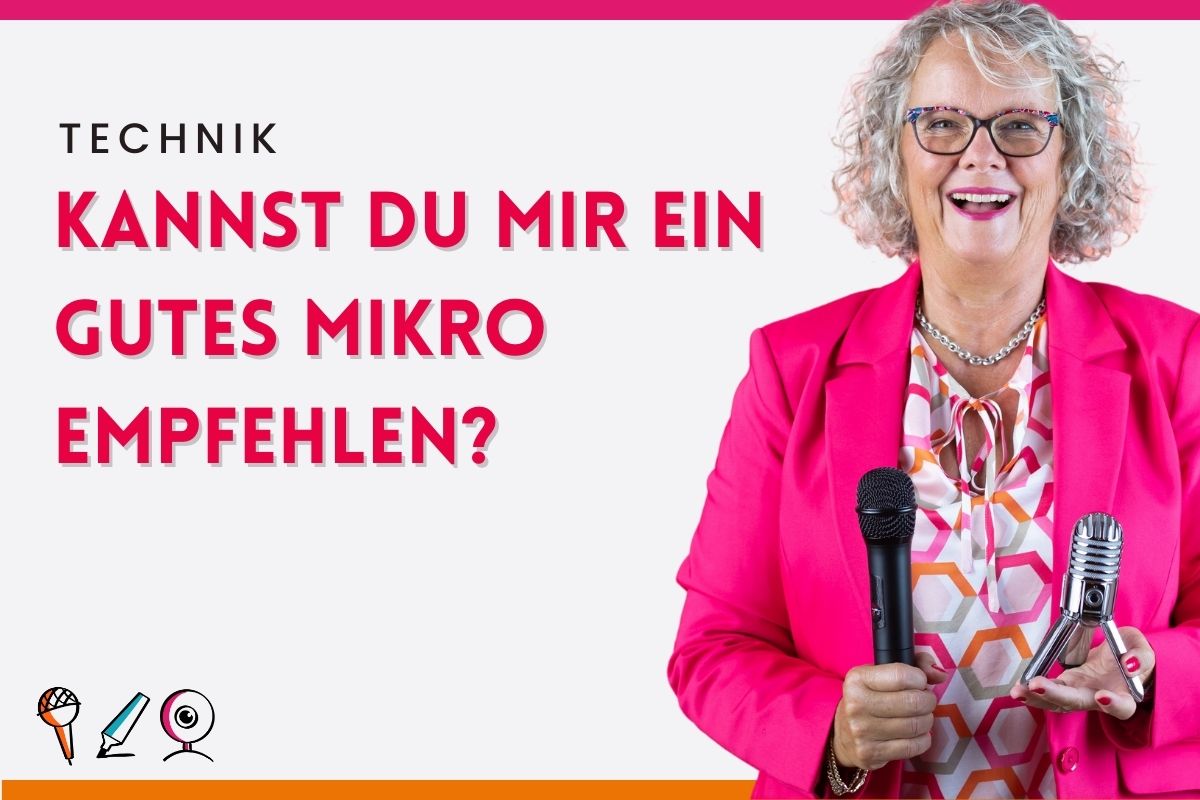 rau mit grau-blonden Locken und im pinkfarbenen Blazer hält zwei Mikrofone in der Hand und strahlt in die Kamera. Text dazu: Kannst Du mir ein gutes Mikro empfehlen?